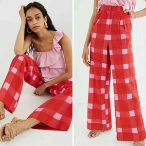 Anthropologie Porridge Plaid Wide Leg Pants Women’s XS Pink Red Preppy